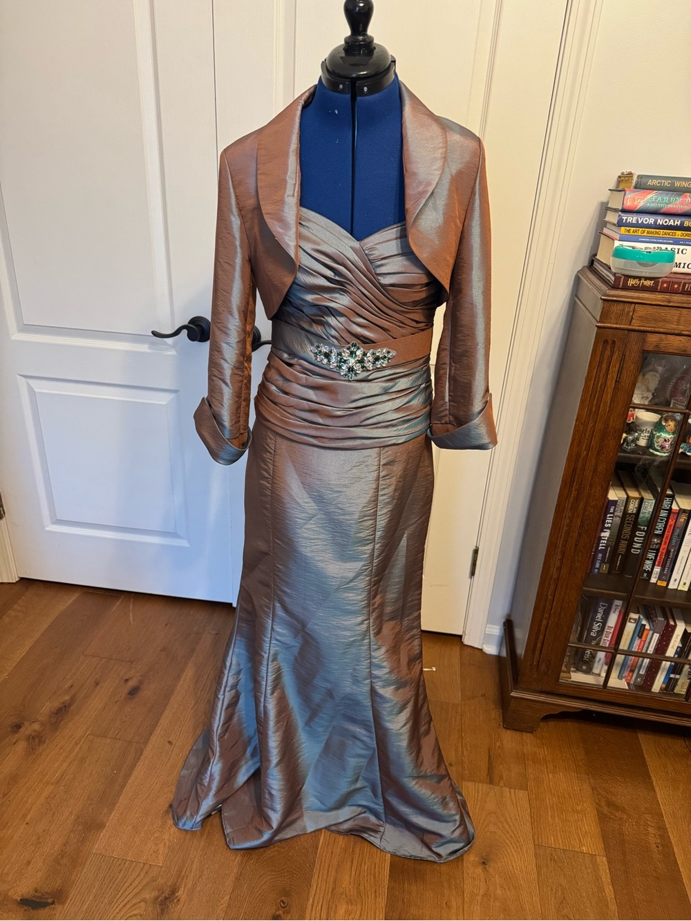 JM Collection Iridescent Bronze two Piece Evening Gown with Bolero
